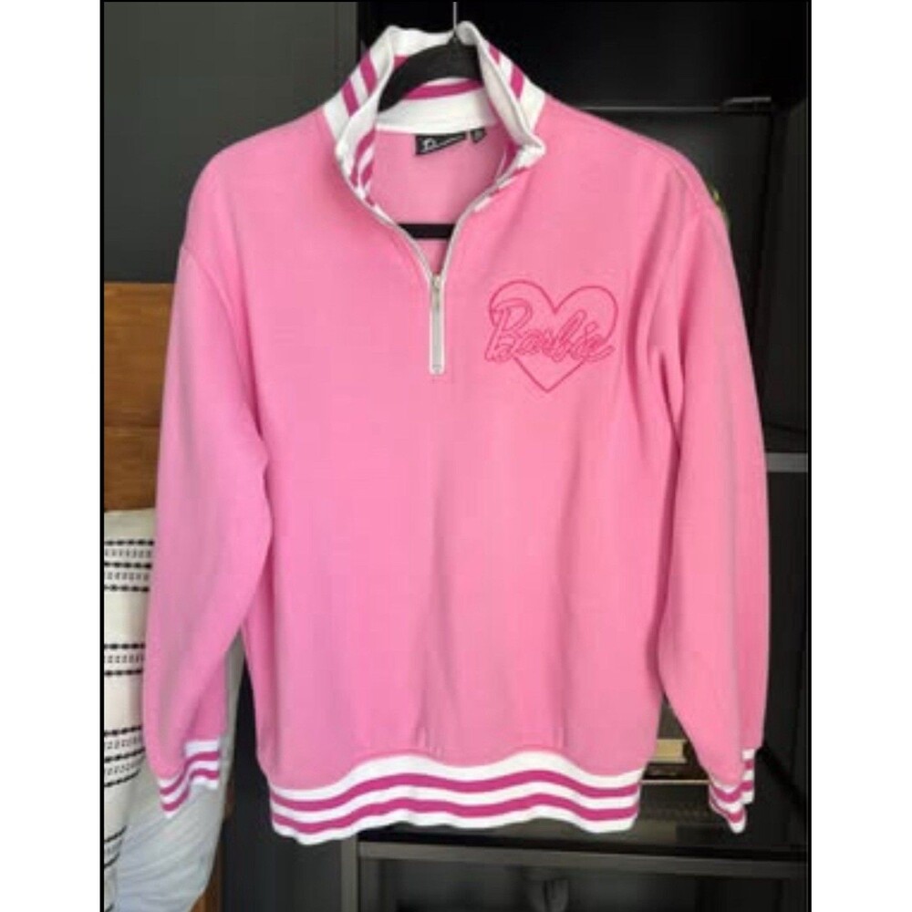Barbie Pink 3/4 Zip Pullover Sweatshirt Womens Medium Cozy Official Logo